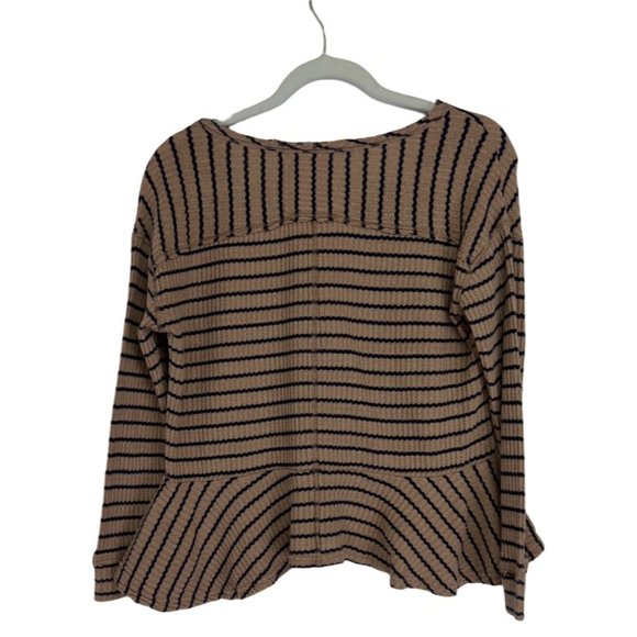 We the Free SZ XS Oversized Striped Waffle Knit Long Sleeve Peplum Top Tan/Black - Picture 2 of 5